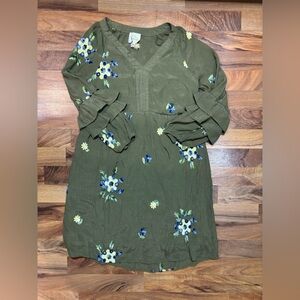 Fig & Flower Anthropology Size Medium Dress Green Floral Embroidered Boho Tunic